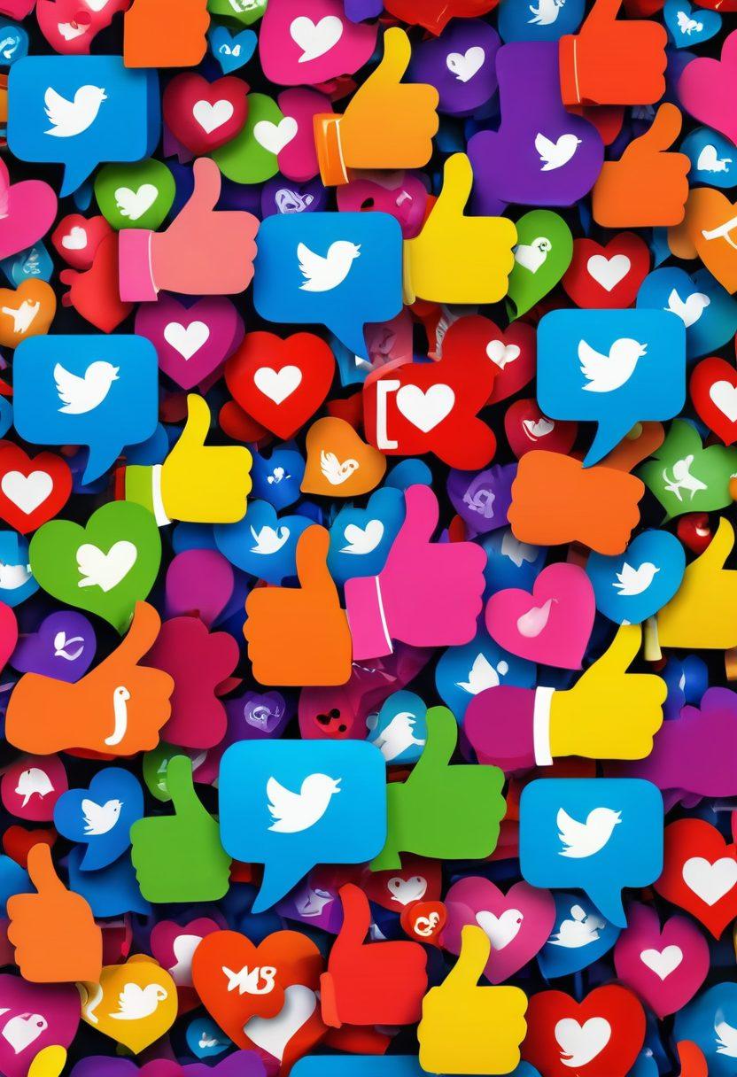 A vibrant collage of thumbs up icons morphing into joyful faces, surrounded by social media elements like hearts and shares. Incorporate bright colors and diverse smiling people engaging with different devices, symbolizing the power of visual sharing. The background should be dynamic, representing the fast-paced nature of social networking. super-realistic. vibrant colors. 3D.