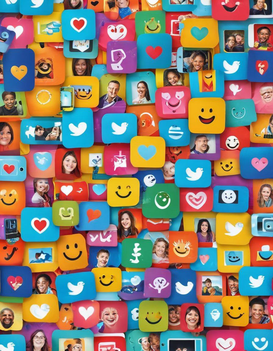 A vibrant digital collage showcasing diverse people joyfully interacting through their devices, surrounded by colorful thumbnail links connecting them. Incorporate symbols of friendship and community, such as heart icons and smiley faces, intertwined in a playful manner. The background should be a cheerful mix of bright colors representing positivity and connection. super-realistic. vibrant colors. 3D.