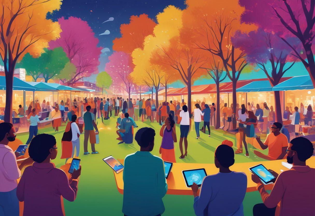 A vibrant community gathering, showcasing diverse individuals engaging with interactive media, such as tablets and smartphones displaying photos linked to stories. Emphasize enthusiasm and connection, with bright colors highlighting the energy of sharing experiences. Include a backdrop of a park or urban space that invites collaboration and conversations. Illustrate the concept of empowerment through digital interaction. colorful illustration. lively atmosphere. community-focused.